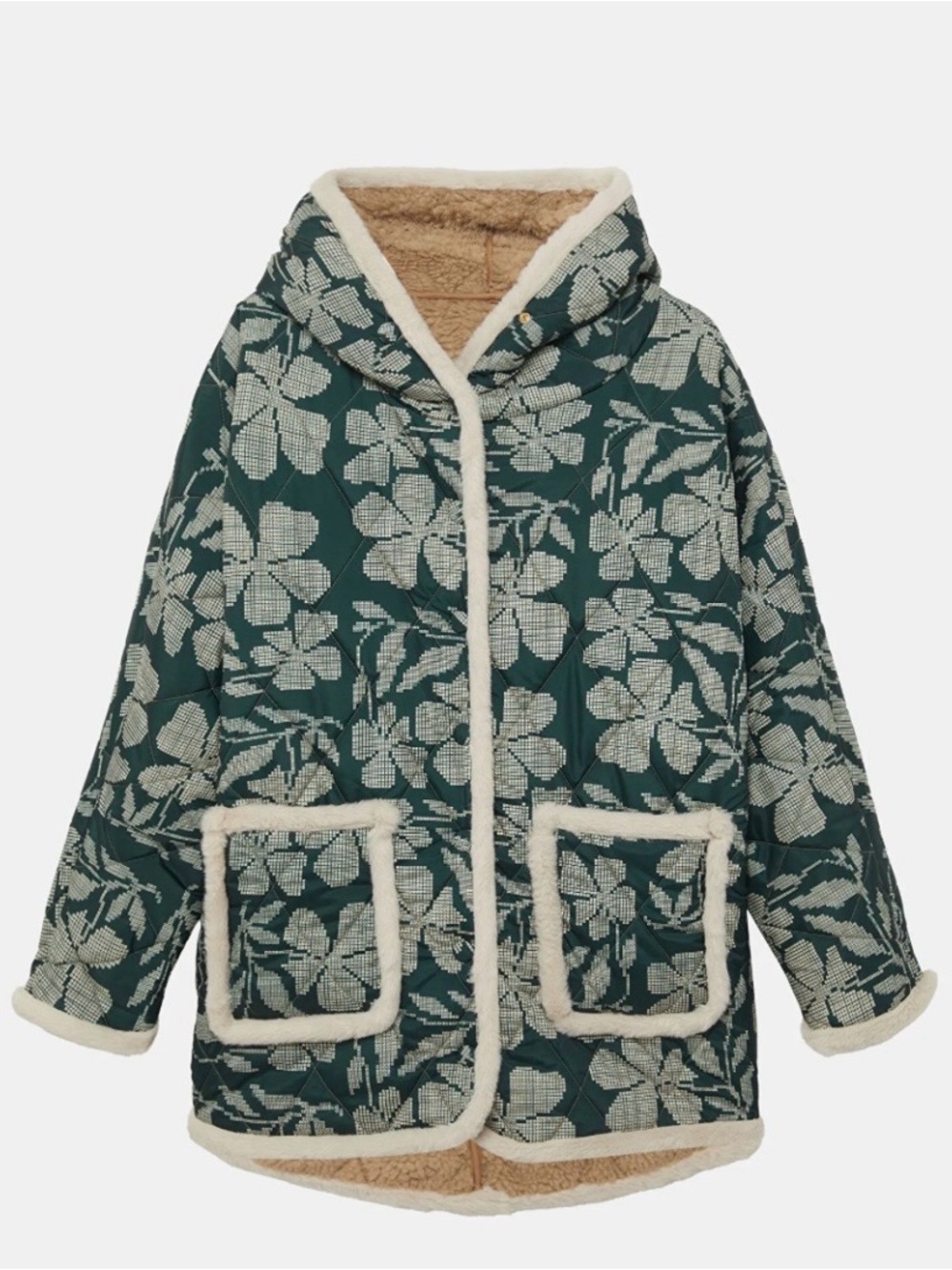 Floral Quilted Sherpa-Lined Parka Jacket - Green